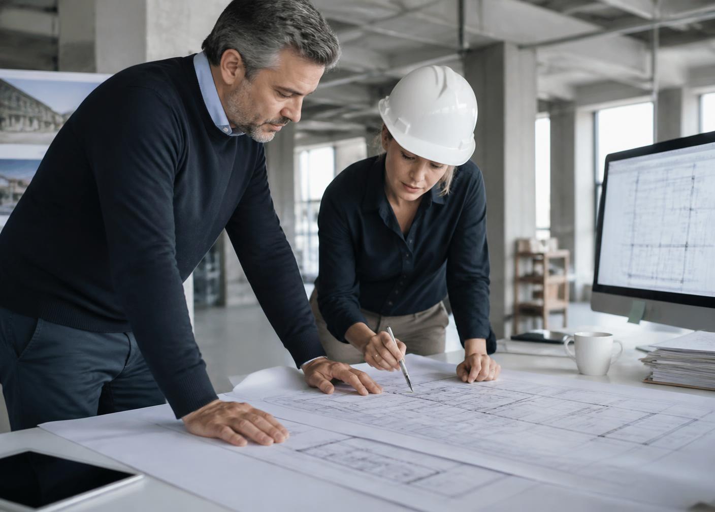 Arquiteto e engenheira avaliando projeto técnico em obra
